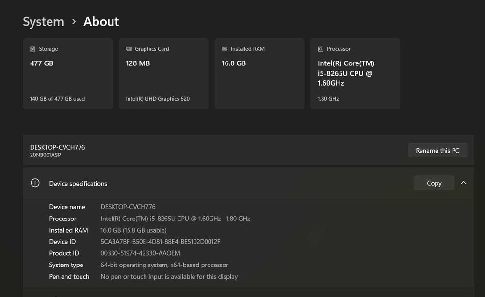 Lenovo ThinkPad E590 15.6" 1920x1080 i5-8265U 16GB RAM 500GB SSD