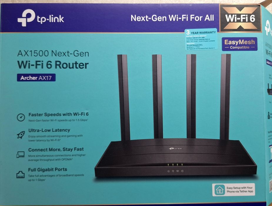 Безжичен рутер TP-Link Archer AX17, двубандов Gigabit AX1500, Wi-Fi 6,