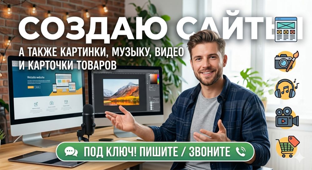 Создам сайты картинки видео презентацию карточки товаров логотипы трек