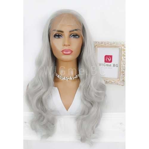 Дълга на вълни сребриста лейс фронт перука Силвър