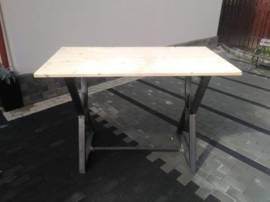 Masa fier cu blat natural lemn DESIGN INDUSTRIAL- demontabila