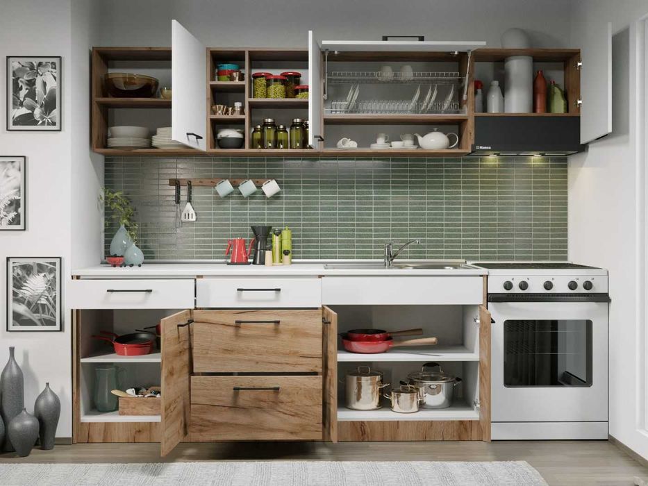 Set Mobila Bucatarie Gastro 260 Alb/Stejar - C03 - Transport Gratuit