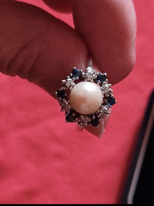 Inel cu perla Akoya , din aur alb 333 cu safire şi diamante