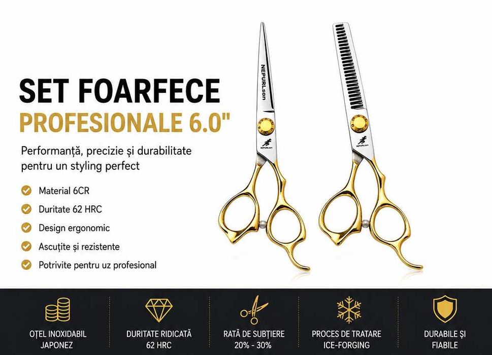 Set 2 Foarfece Profesionale NEPURLson JS 6 inch (17.5cm), Tuns si Filat, 6CR, 62 HRC, Manere Aurii, Husa Neagra