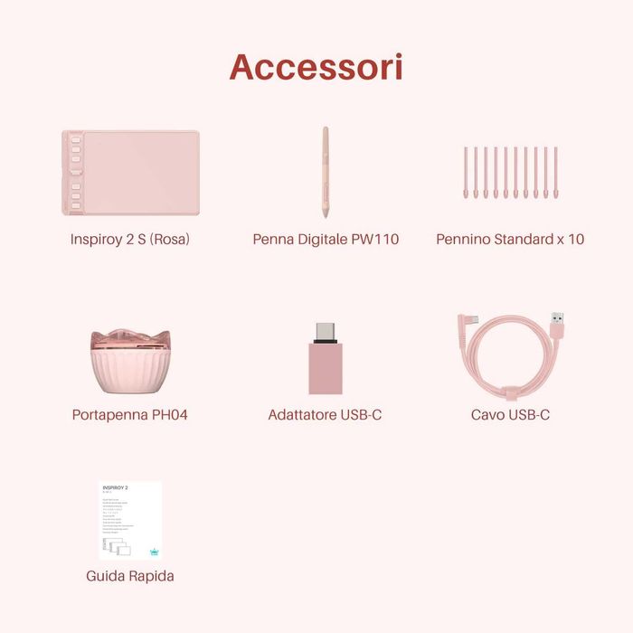 Tabletă grafică HUION Inspiroy 2 S roz | 6 taste programabile + scroller | stylus PW110 fără baterie | 8192 niveluri presiune