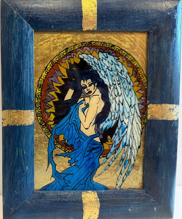 Pictura noua si moderna pe sticla -Sirena nr.2-, rama lemn