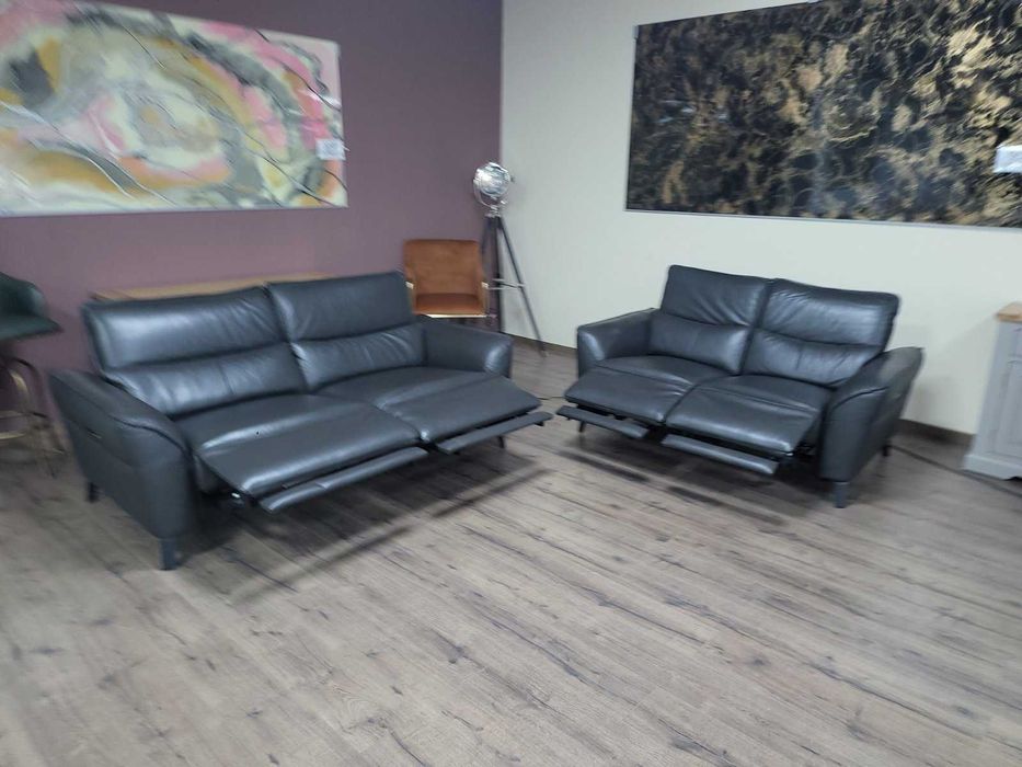 Сив кожен комплект дивани тройка и двойка с ел. релакс механизъм