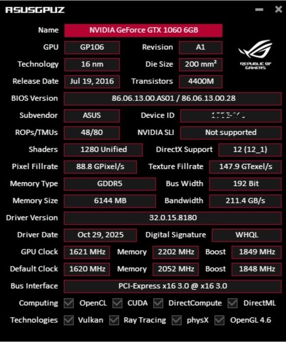 Placa video Asus Strix NVIDIA GeForce GTX 1060 6Gb OC Edition