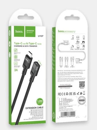 Type-c удлинитель hoco u107 1.2m 3a кабель переходник data cabel