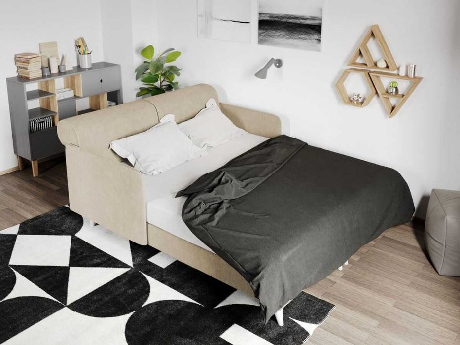 Divan dublu / Pat matrimonial tapitat Crem Round Rabatabil