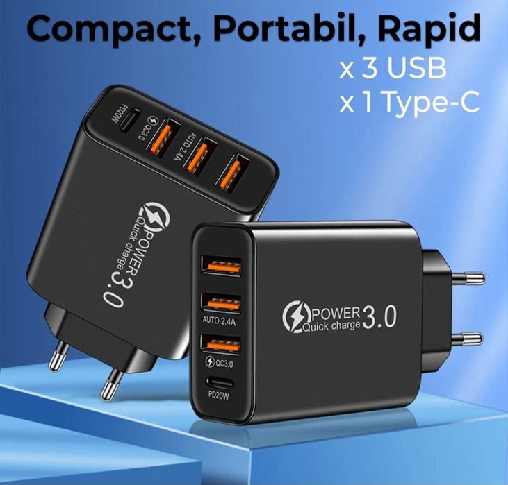 Incarcator Retea 4 porturi, Quick-Charge 3.0 USB, 20W Incarcare Rapida