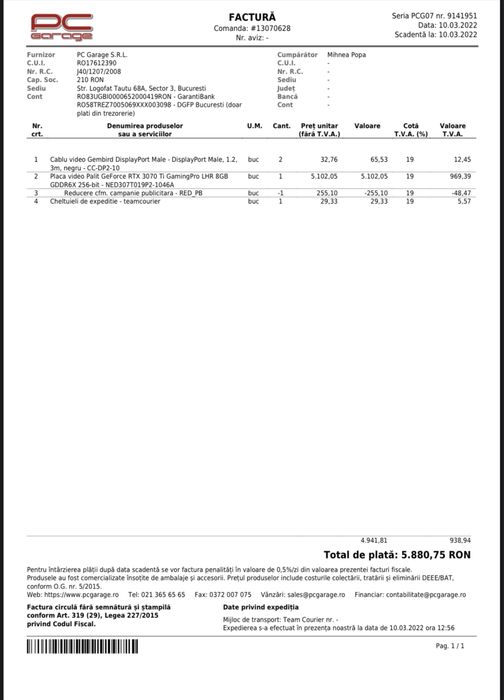 Placa video Palit GeForce RTX 3070 Ti GamingPro