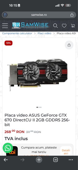 Placa video Asus GeForce GTX 670 DirectCU II 2GB GDDR5 256-bit