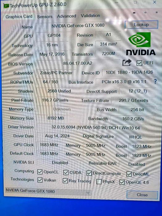 ZOTAC GTX 1080 8GB GDDR5X – 256bit