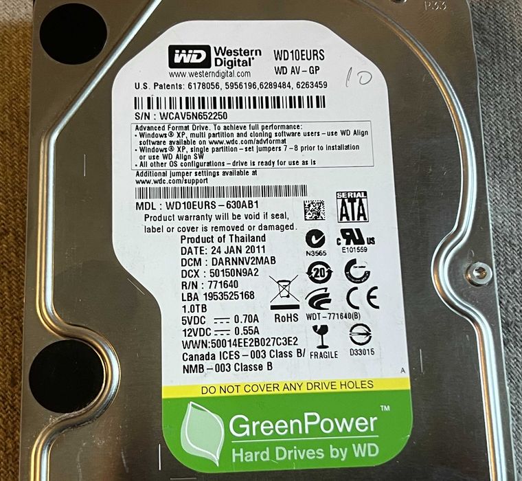 Hard disk 1TB WD10EURS Western Digital Green SATA testat 100%