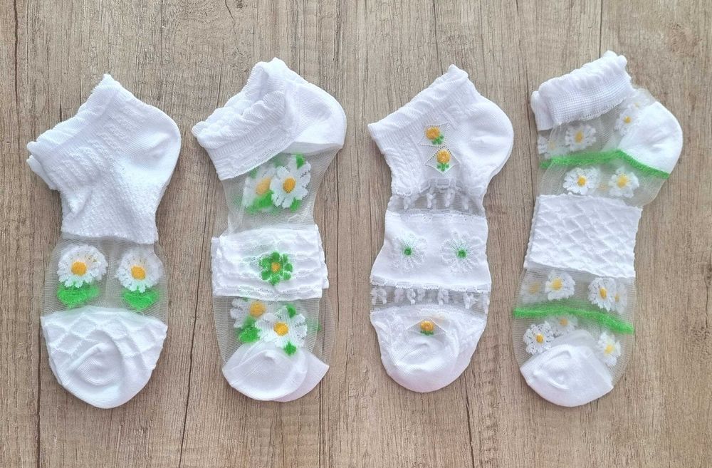4 бр. нежни прозрачни бели чорапки с маргаритки, one size