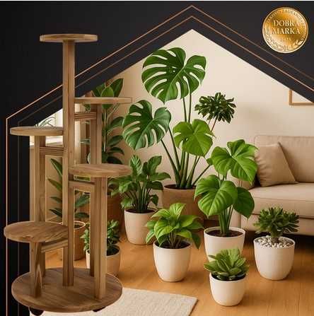 Висок вертикален цветарник - подвижна стойка за саксии от дърво
