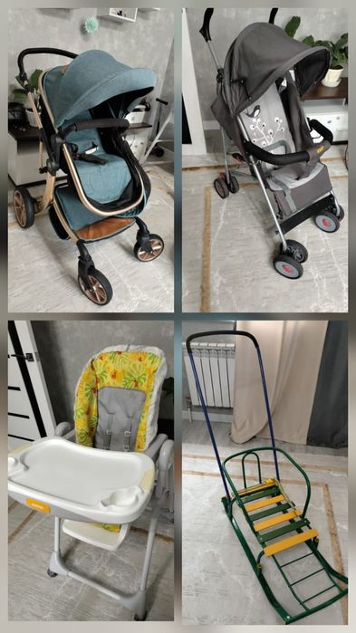 Продам 2 коляски, детский столик, санки.