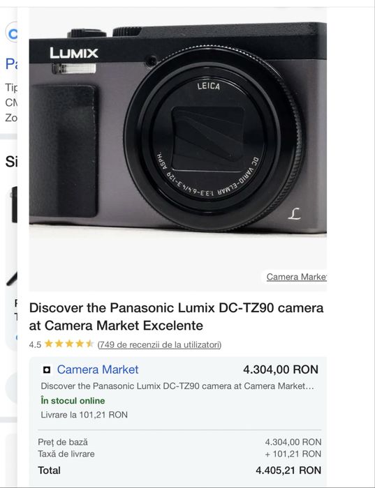 Camera foto avansata 4K Panasonic Lumic TZ90 Leica 24-720 mm
