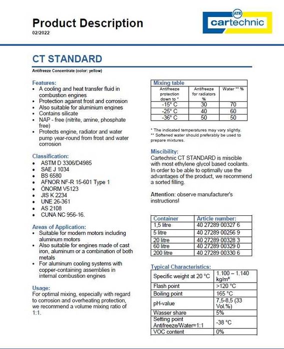 CARTECHNIC CT Standart/CT12 Plus-оригинални антифризи от Германия