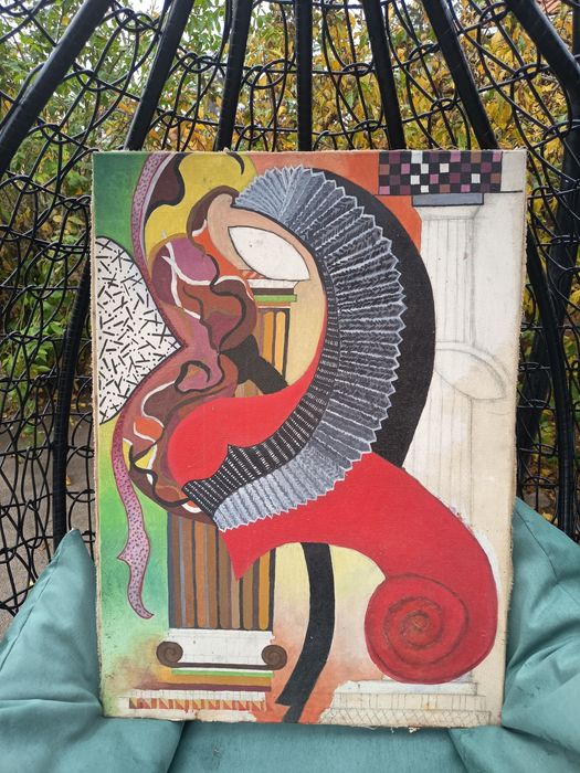 Tablou Vechi Pictat Pe Panza Lucrare Abstracta