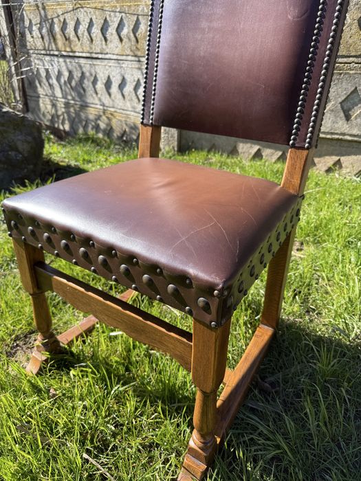 Scaun vintage birou din lemn masiv si piele naturala