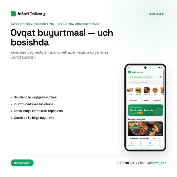 Dostavka uchun tayyor ilova — mijoz, kuryer, restoran, admin