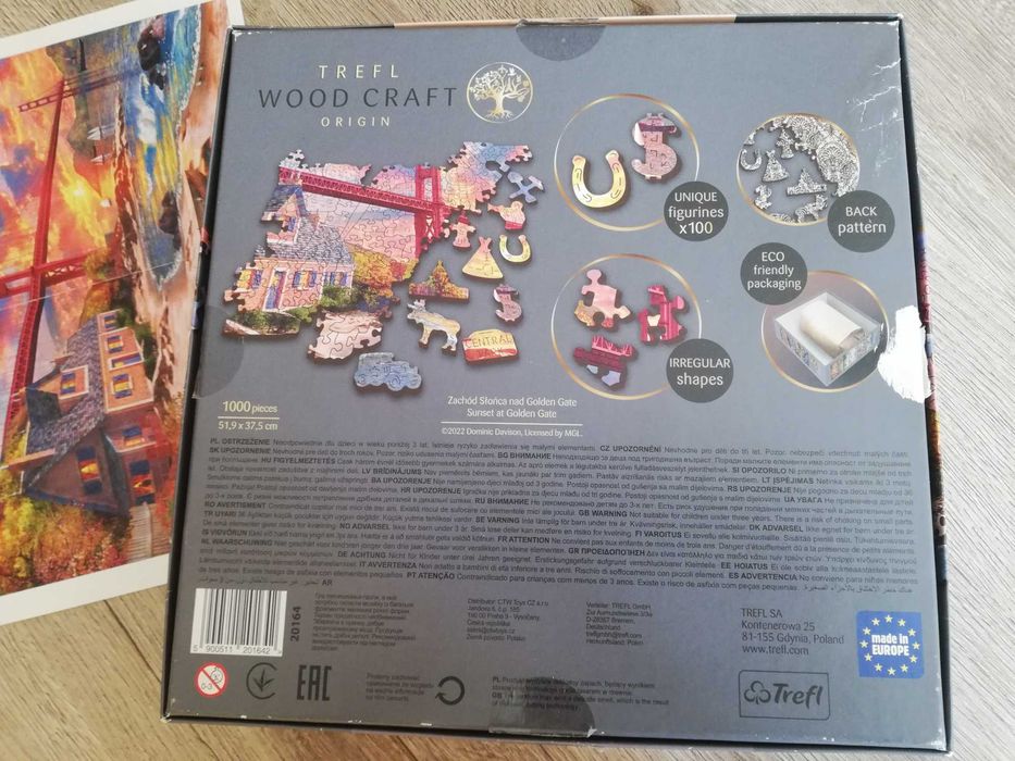 Дървен пъзел Trefl - Wood Craft, Залез над Golden Gate, 1000 части