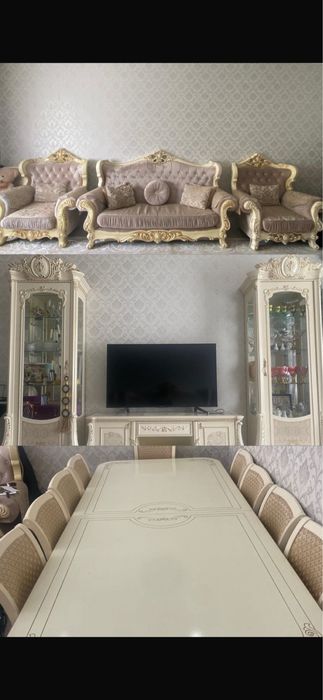 полный комплект мебели для гостиной: диваны, сервант, стол и тв тумба