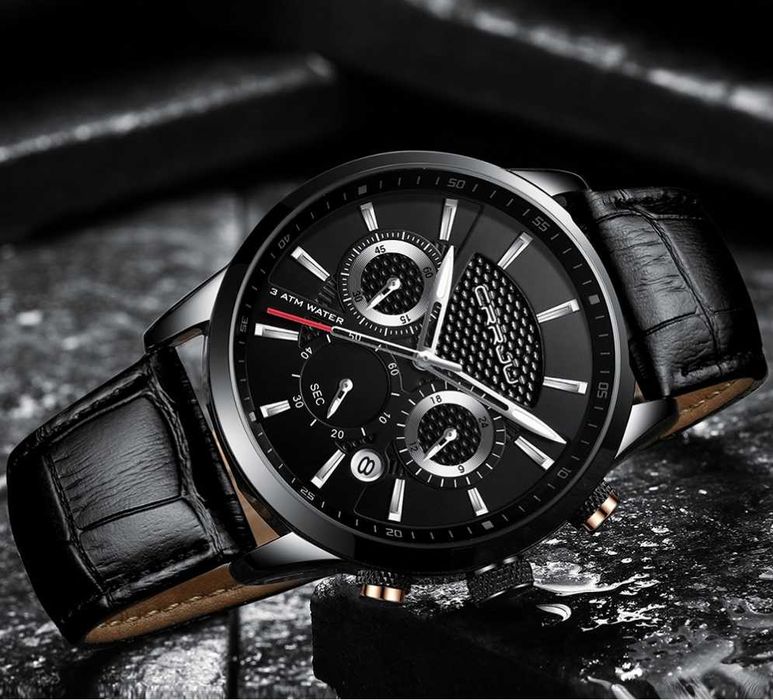 Мужские кварцевые наручные часы CRRJU с кожаным ремешком в подар.упак