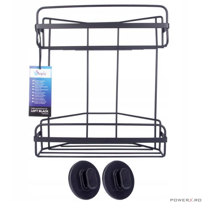 Etajera baie dubla, neagra, din otel, prindere cu ventuze, dimensiuni