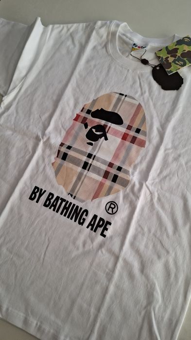 Tricou Bape Alb, Print Crem tip Burberry, Marimea L
