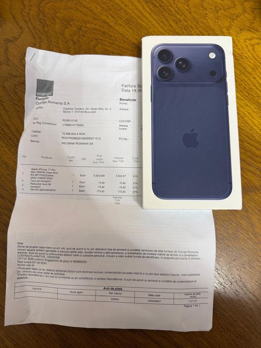 iphone 17 pro max de 256gb , deep blue. Nou, sigilat cu factura si garantie 2 ani