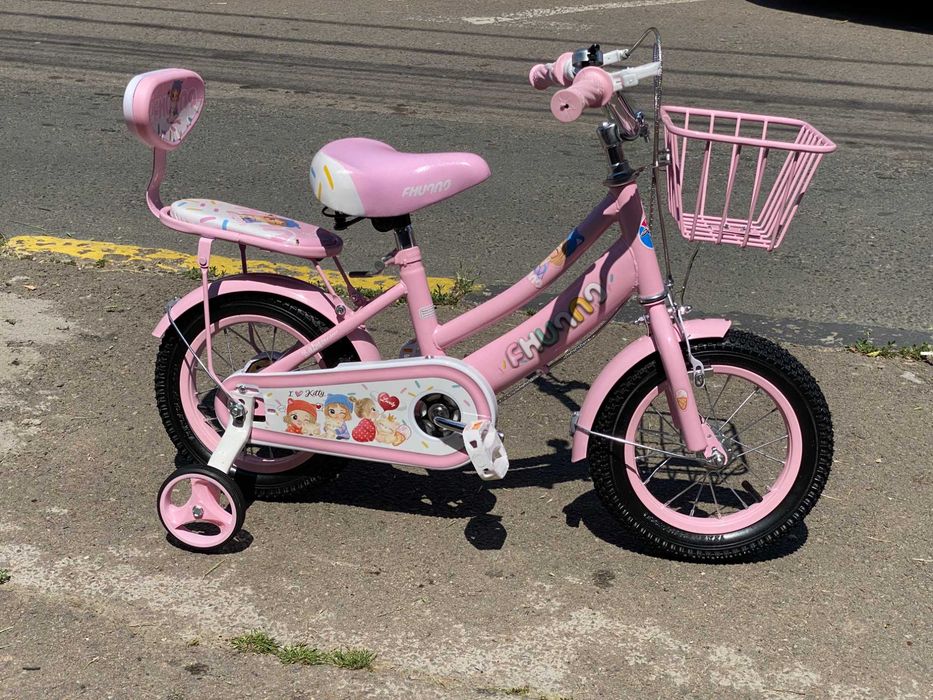 Bicicletă fetițe 2-4 ani, 12”, roți ajutătoare, coș/portbagaj metalic