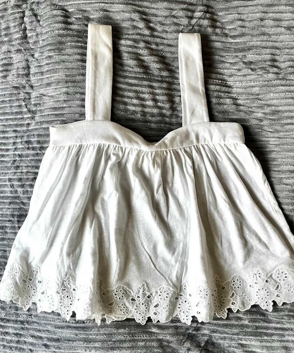 Top Crop Bretele H&M Alb Dantela Brodata XS 100% Bumbac