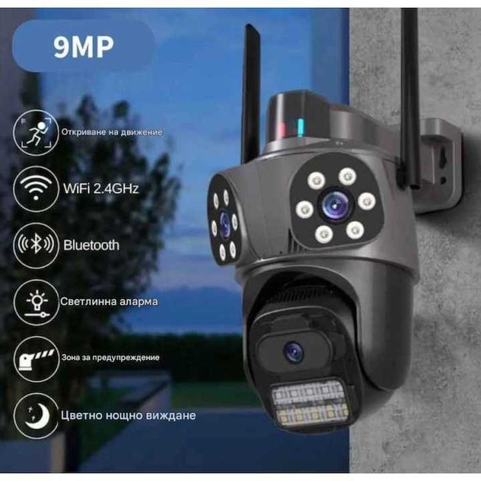 Тройна външна WiFi камера 9MP с аларма+24 LED диода  iCSee
