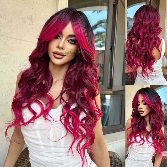 Омбре чуплива перука с ефектно преливане от черно към розови краища