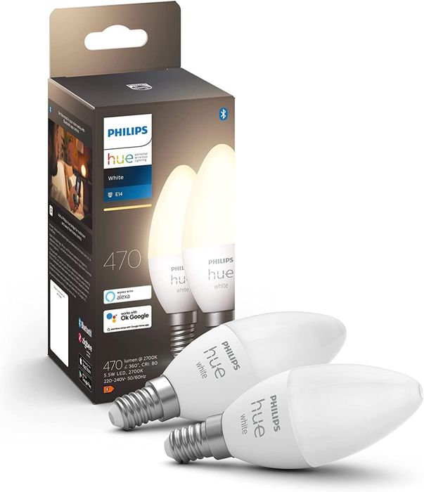 Bec inteligent Philips Hue New White cu lumânare, pachet de 2
