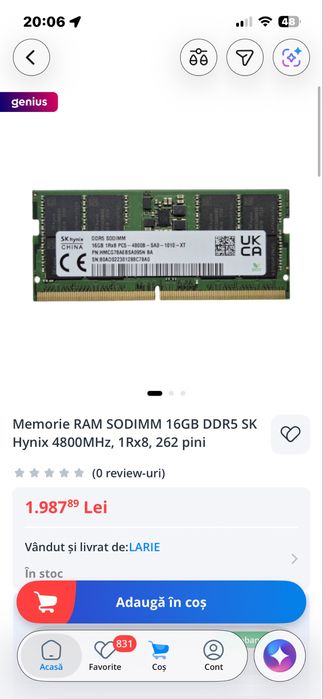 Vand memorie laptop SK Hynix, DDR5 16GB, PC5 4800 Mhz Dobroesti