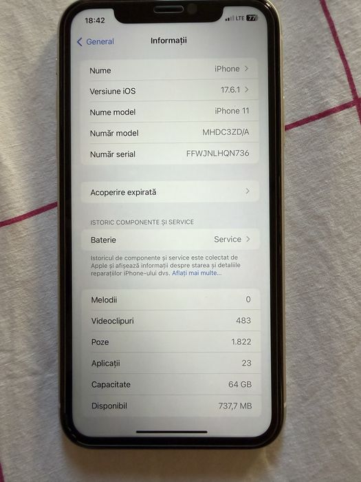 Iphone 11 64 GB-Alb- Stare impecabila