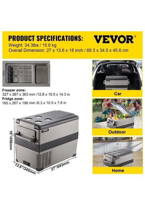 Vand Frigider auto portabil VEVOR 45L cu alimentare  12V/24V/220V ideal  pentru camion/ autorulota/ camping / pescuit , nou , sigilat