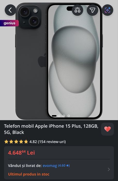 Telefon mobil iPhone 15 Plus, 128GB, 5G, Black, sigilat