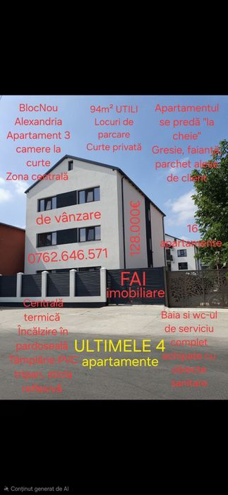 BlocNou Alexandria - Apartament 3 camere 94mp UTILI la curte Central
