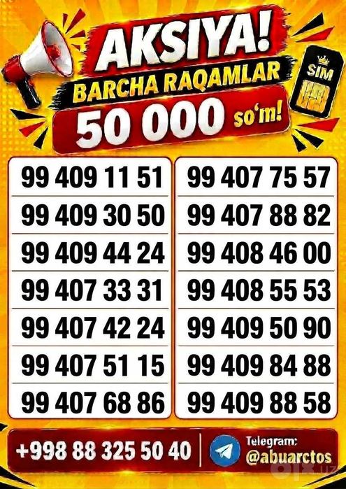 Chiroyli raqamlar 50 000 so’mdan! Aksiya  Dostavka xizmati bor.