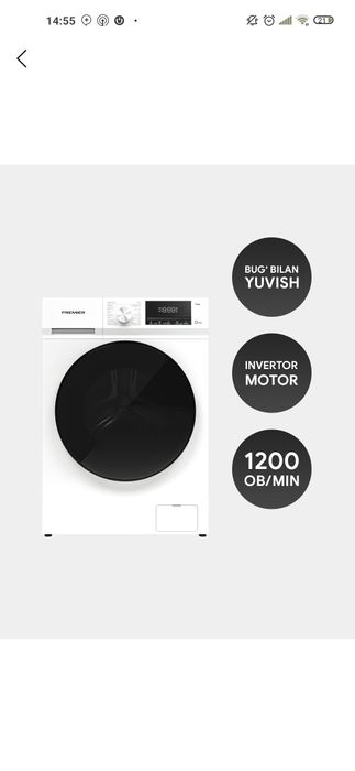 PREMIER avtamat kir yuvish mashinasi, 8kg. Par bilan yuvish, INVERTOR.