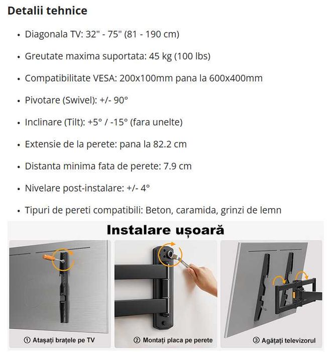 Suport TV de Perete,32-75 Inch(81-190cm),VESA 200x100-600x400, Max45kg
