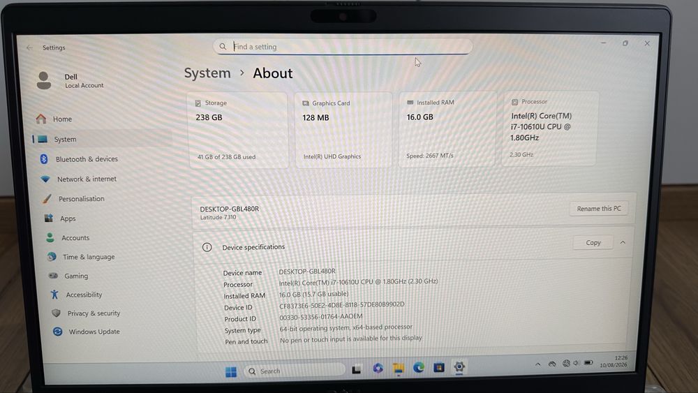 Лаптоп Dell Latudite 7310 FHD 13.3” / Intel i7- 10610U 16GB RAM 256GB SSD / Windows 11 Pro