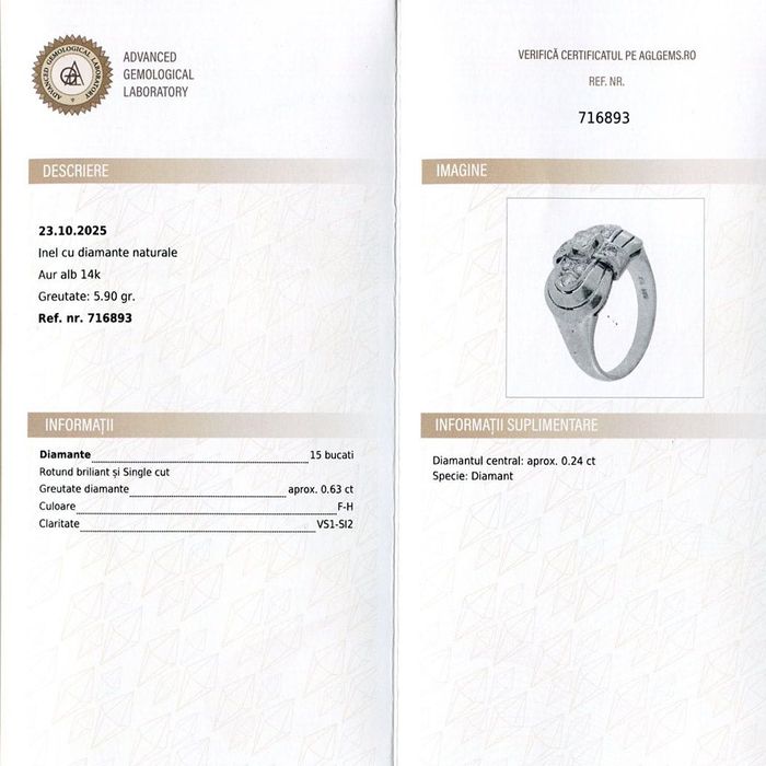 inel stil tank, aur 14k, diamante naturale, certif.