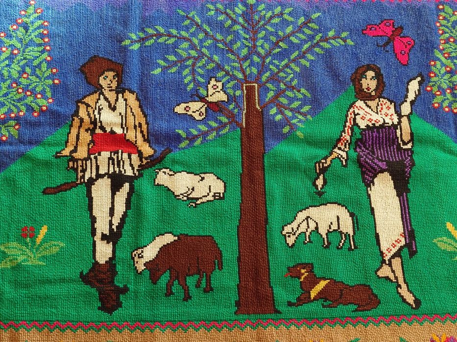 Carpetă / peretar popular vechi din lână, lucrat manual, 267 x 150 cm