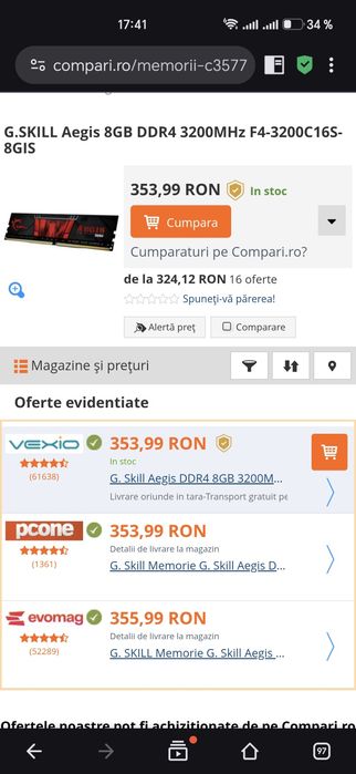 Kit RAM G.Skill Aegis 16GB (2x8GB) DDR4 3200MHz Dual Channel CL16 Nou,nefolosit.